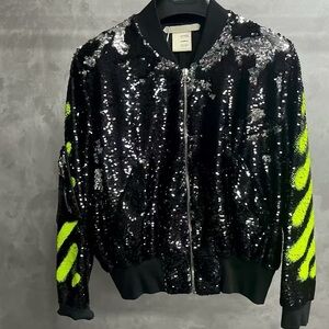 🚩steal authentic Off-White Black and Neon Green Sequin Bomber Jacket